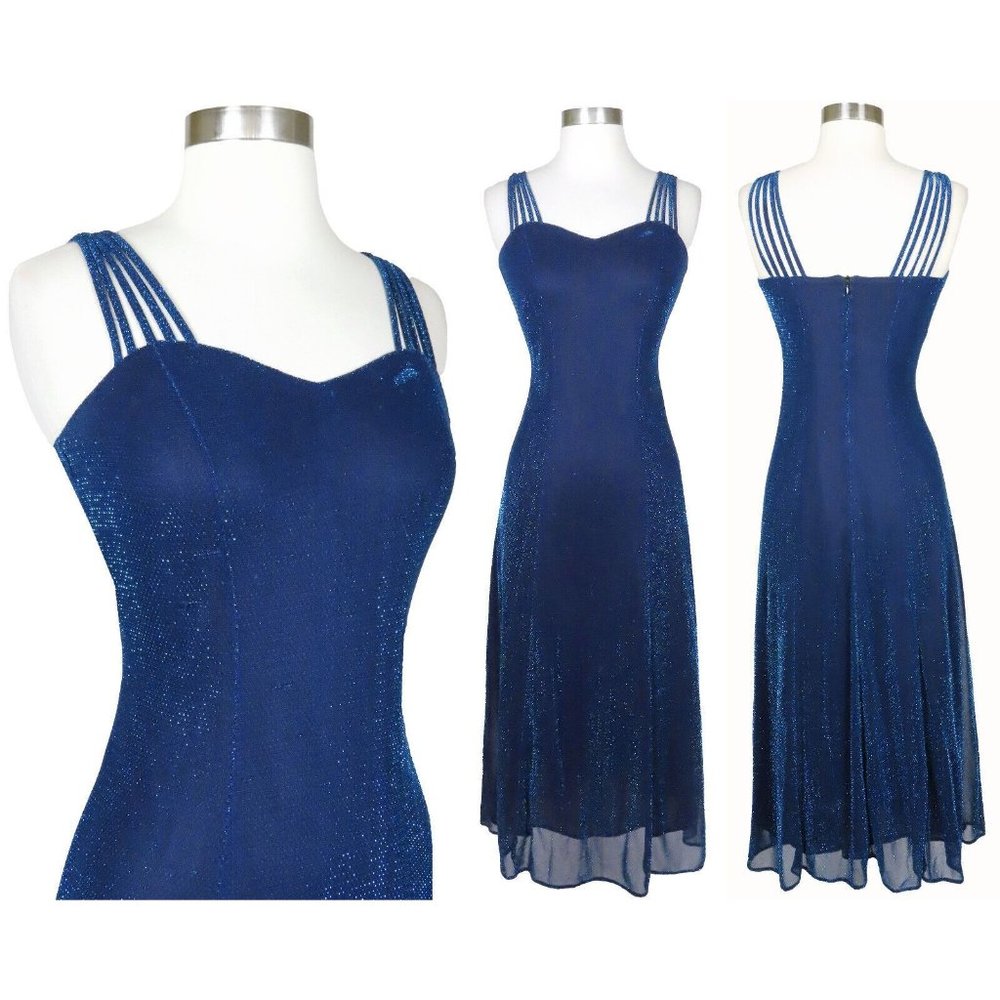 Vintage 80s 90s Blue Black Metallic Lurex Grunge Prom Party Long Maxi Dress XS S